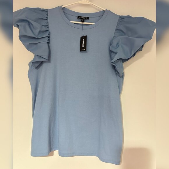 NWT Express Crew Neck Ruffle Sleeve Top Baby Blue Size Medium - Picture 1 of 5